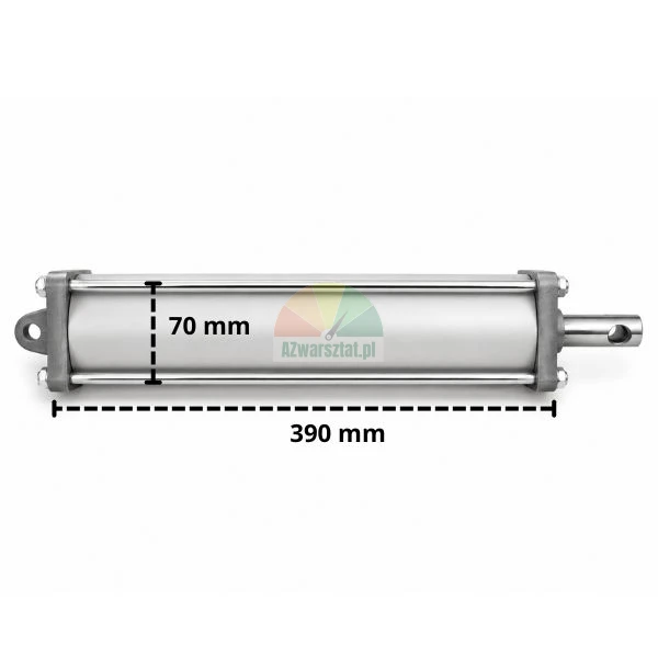 Pneumatikzylinder mit einem Durchmesser von 70 mm und einer Gehäuselänge von 390 mm, dargestellt auf weißem Hintergrund mit Maßangaben.