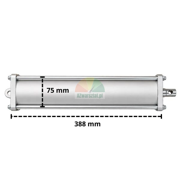 Kompletter Pneumatikzylinder für Reifenmontiermaschine mit Abmessungen 388 mm und Durchmesser 75 mm.