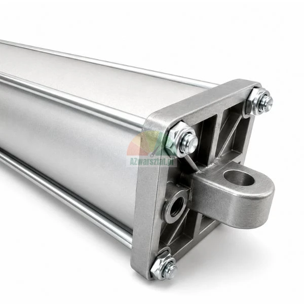 Nahaufnahme eines pneumatischen Aluminiumzylinders mit sichtbarer Befestigungslasche und Zugstangen auf weißem Hintergrund.