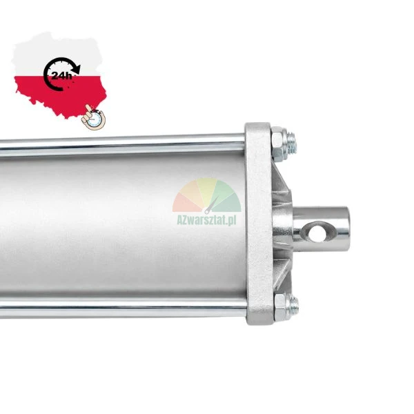 Nahaufnahme des Endes eines pneumatischen Aluminiumzylinders mit Zugstangen und einem Symbol für schnellen 24-Stunden-Versand aus Polen.