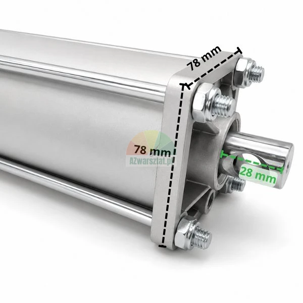 Metallischer Pneumatikzylinder mit markierten Abmessungen des vorderen Deckels von 78 mm mal 78 mm und einem Kolbenstangenauslass von 28 mm.