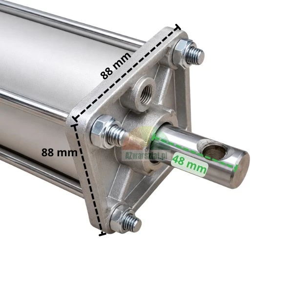 Detailaufnahme eines Pneumatikzylinders mit markierten Maßen: Montageflansch mit den Maßen 88 mm mal 88 mm und Kolbenstangenauszug von 48 mm.