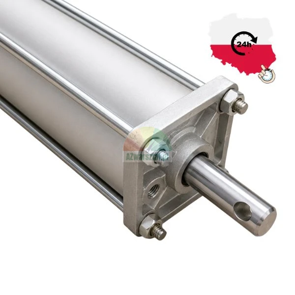 Nahaufnahme eines Pneumatikzylinders aus Aluminium mit Kolbenstange und einem Symbol für 24h-Expressversand.