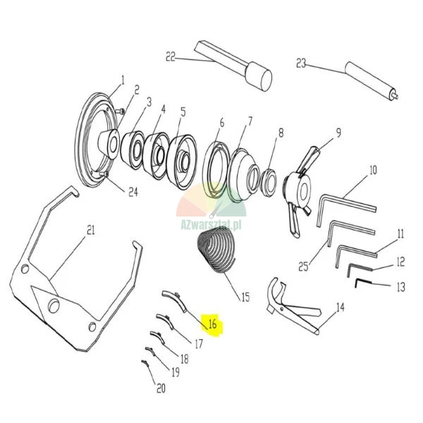 Explosionszeichnung eines technischen Diagramms mit verschiedenen mechanischen Werkzeugen und Teilen, wobei Bauteil Nummer 16 gelb hervorgehoben ist.