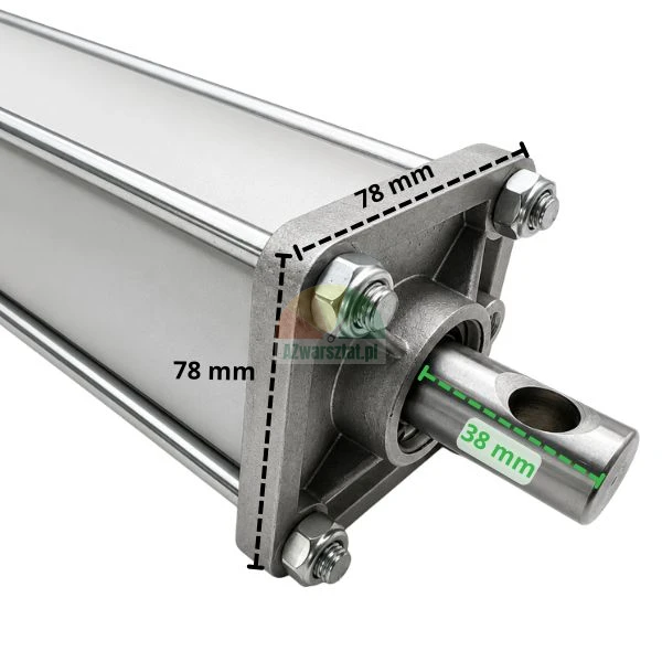 Nahaufnahme eines Pneumatikzylinders mit Maßen: Montageflansch mit 78 mm mal 78 mm und Kolbenstangenvorschub von 38 mm.