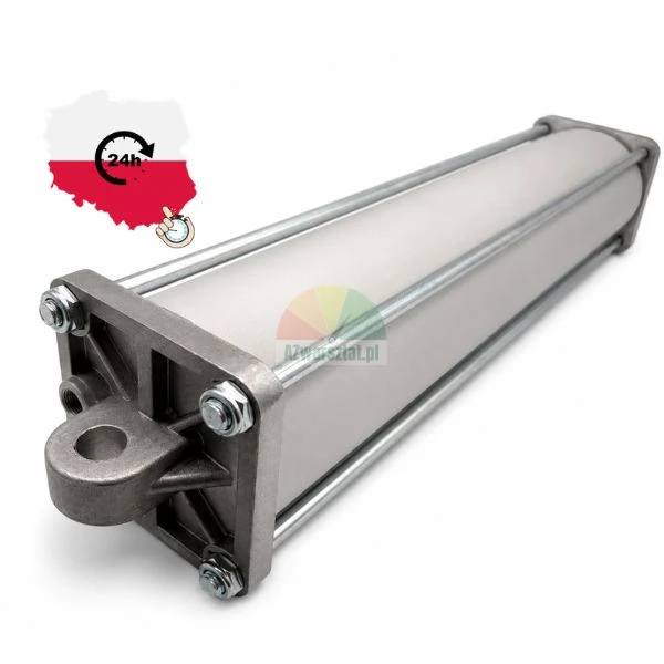 Pneumatischer Zugstangenzylinder mit Befestigungsauge aus Metall, oben links eine Grafik mit der Landkarte von Polen und einem 24-Stunden-Versandsymbol.