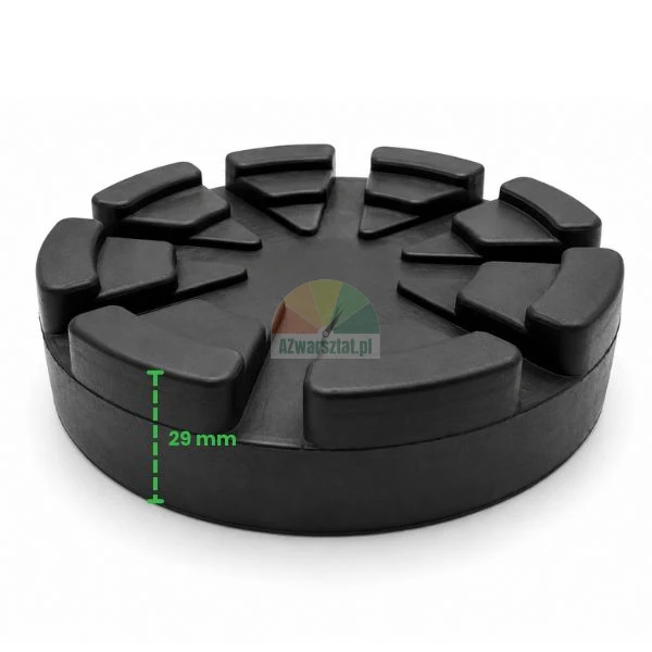 Runde schwarze Gummiauflage für Wagenheber mit einer Höhenangabe von 29 mm, die durch eine grüne gepunktete Linie gekennzeichnet ist.