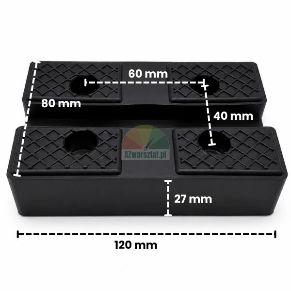 Gummiauflage mit den Maßen 120x80x27 mm mit angegebenen Abmessungen und Lochabstand.