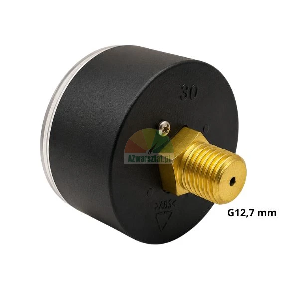 Rückansicht eines Manometers im schwarzen Gehäuse mit einem Messing-Anschlussgewinde G12,7 mm.