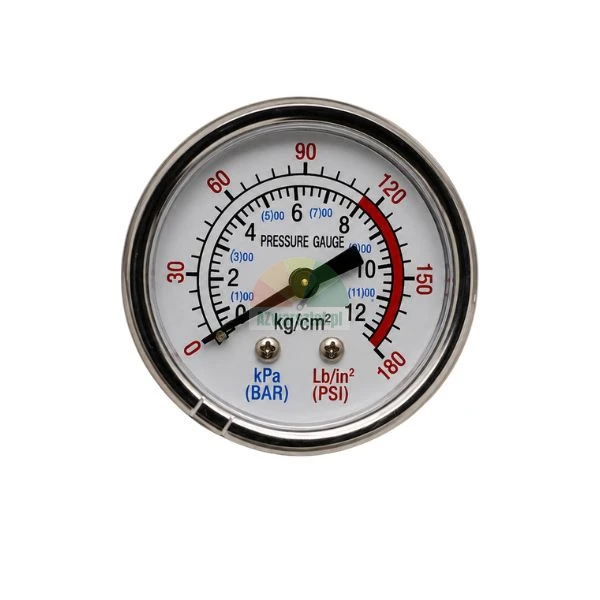 Rundes analoges Manometer mit deutlicher Zifferblatt-Skala im Metallgehäuse zur Druckmessung.