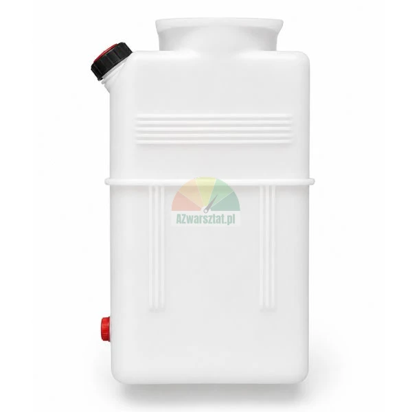 Weißer Wasserbehälter aus Kunststoff mit schwarzem und rotem Verschluss auf weißem Hintergrund.