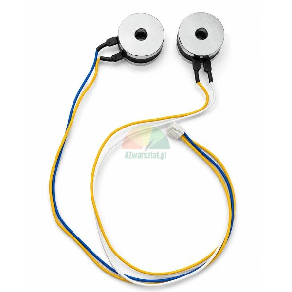 Zwei runde Ultraschallwandler mit farbigen Kabeln und Stecker auf weißem Hintergrund.
