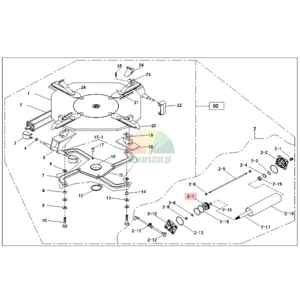 Technische schematische Zeichnung mit Explosionsdarstellung von Maschinenteilen mit rosa hervorgehobenem Teil 2-7.