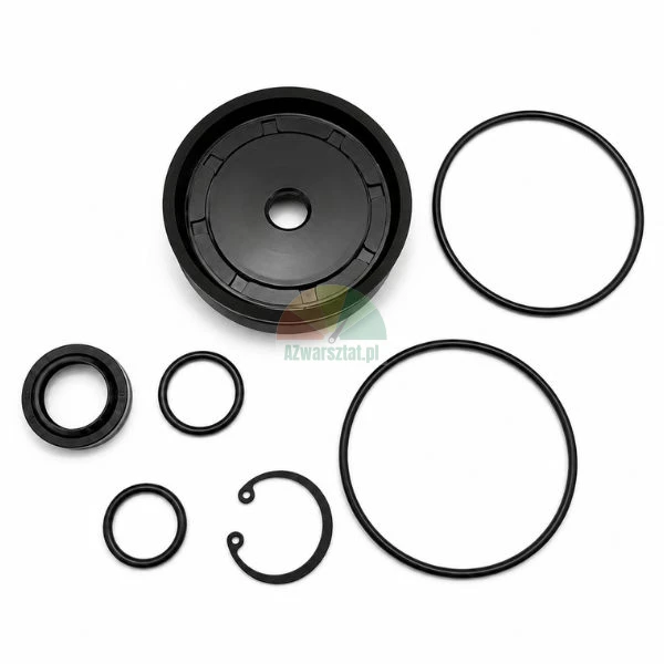 Dichtungssatz für Reparaturen mit schwarzem Kolben, O-Ringen, Wellendichtring und Seegerring auf weißem Hintergrund.
