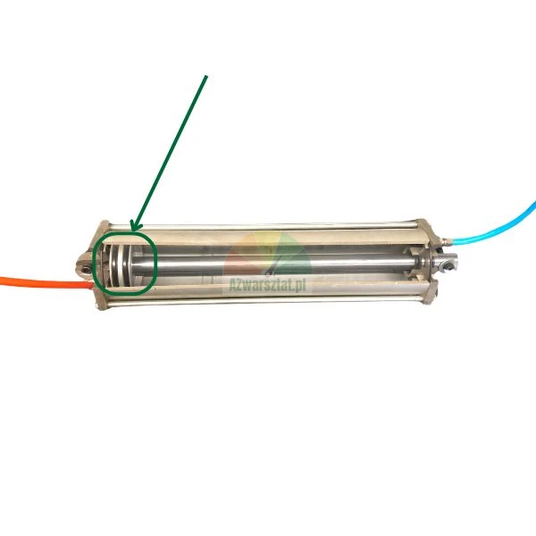 Querschnitt eines Pneumatikzylinders mit dem durch einen grünen Kreis und Pfeil hervorgehobenen internen Kolben.