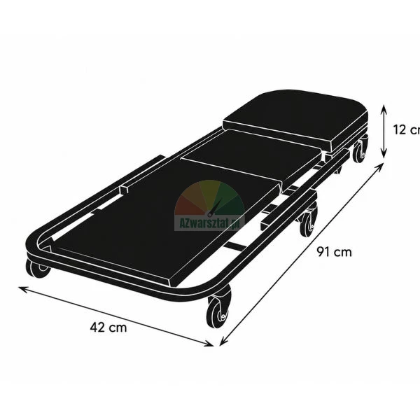 Schwarze Werkstattliege auf Rollen mit Abmessungen 91x42x12 cm