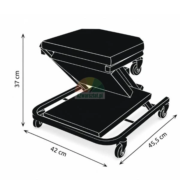 Technische Zeichnung eines schwarzen Werkstatthockers auf Rollen mit Maßangaben: Höhe 37 cm, Breite 42 cm, Länge 45,5 cm.