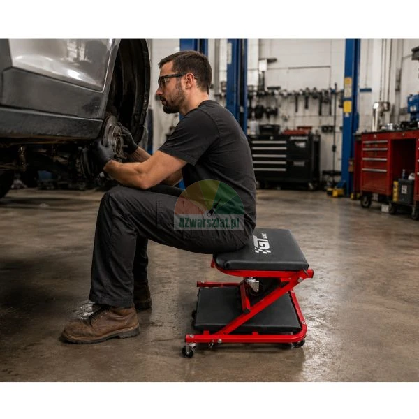 Ein Automechaniker sitzt auf einem roten Werkstatthocker und repariert die Bremsanlage eines Fahrzeugs.