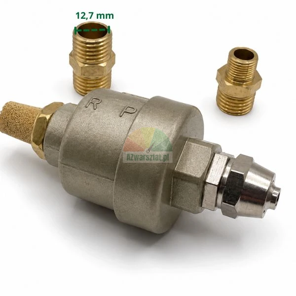 Metall-Schnellentlüftungsventil mit Schalldämpfer aus Sinterbronze und zwei Messing-Gewindenippeln mit 12,7 mm Maßangabe auf weißem Hintergrund.