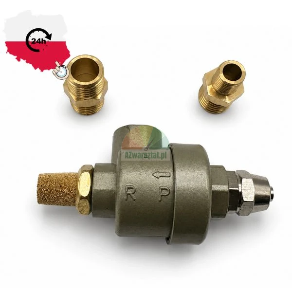 Schnellentlüftungsventil aus Metall mit Messing-Schalldämpfer und zwei Messing-Gewindeanschlüssen.