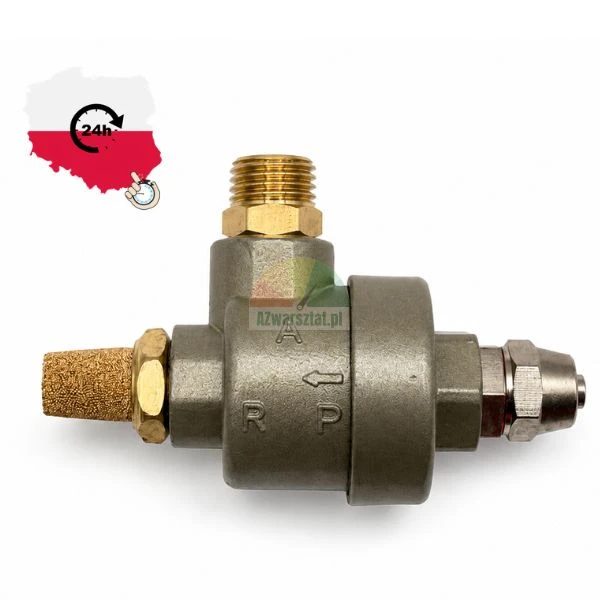 Pneumatikventil aus Metall mit Messing-Schalldämpfer und Gewindeanschlüssen.
