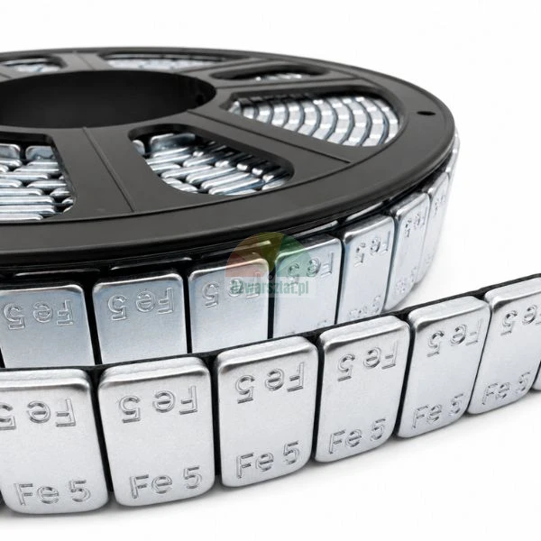 Schwarze Spule mit Fe 5g Klebegewichten zum Auswuchten von Felgen.