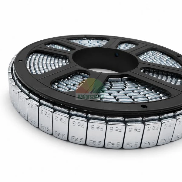 Rolle von klebenden Auswuchtgewichten aus Stahl Fe 5g auf einer schwarzen Spule.