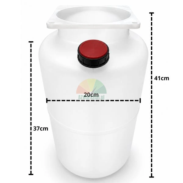 Weißer Plastikbehälter mit rotem Deckel und Maßangaben: Gesamthöhe 41 cm, Korpushöhe 37 cm, Breite 20 cm.