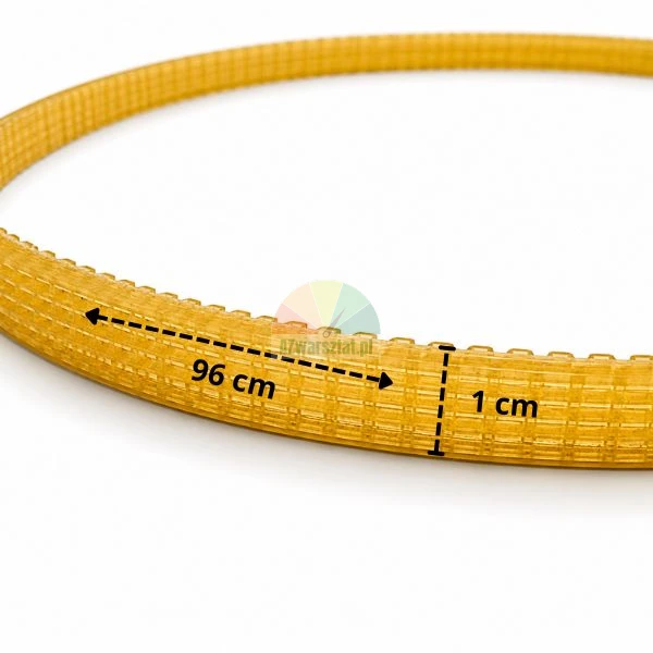 Gelber Motorriemen für Auswuchtmaschine, 96 cm lang und 1 cm breit.