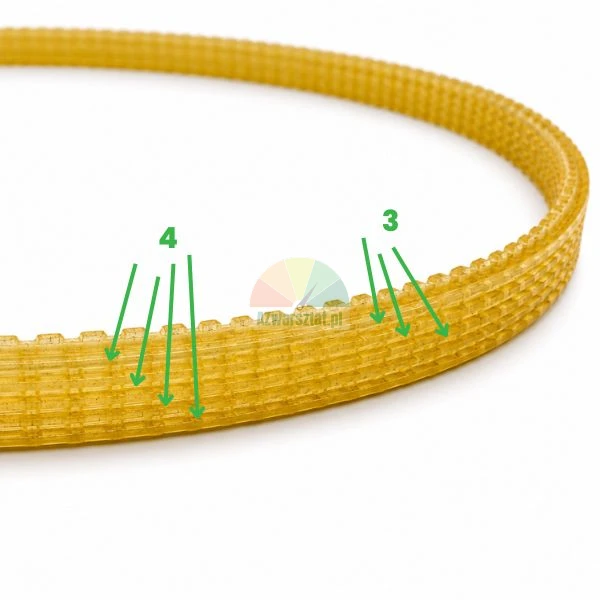 Gelber Zahnriemen auf weißem Hintergrund mit grünen Pfeilen und den Zahlen 3 und 4.