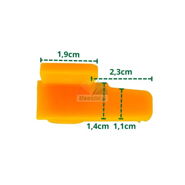 Orangefarbenes Kunststoffteil mit grünen Maßangaben 1,9 cm, 2,3 cm, 1,4 cm und 1,1 cm.