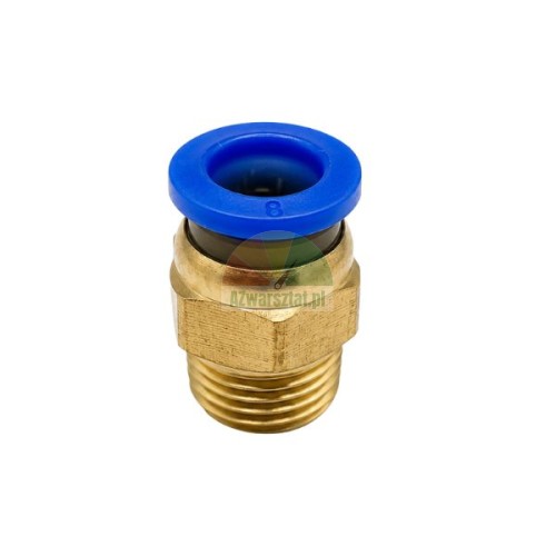Pneumatik-Steckverschraubung aus Messing 8mm mit 12,7mm Gewinde und blauem Lösering.