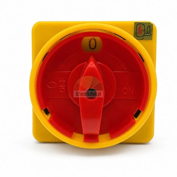 Rot-gelber Hauptschalter mit Not-Aus-Drehknopf und Positionen 0 OFF und I ON