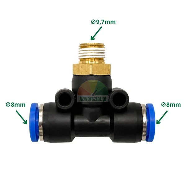 Pneumatische T-Verschraubung mit 9,7 mm Gewinde und 2x8 mm Anschlüssen