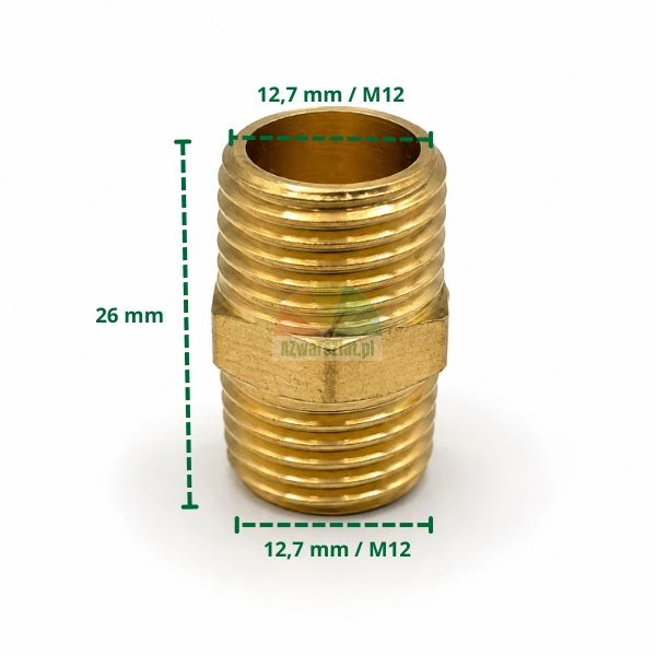 Messingverbinder mit metrischem Gewinde 12,7 mm / M12, Länge 26 mm.
