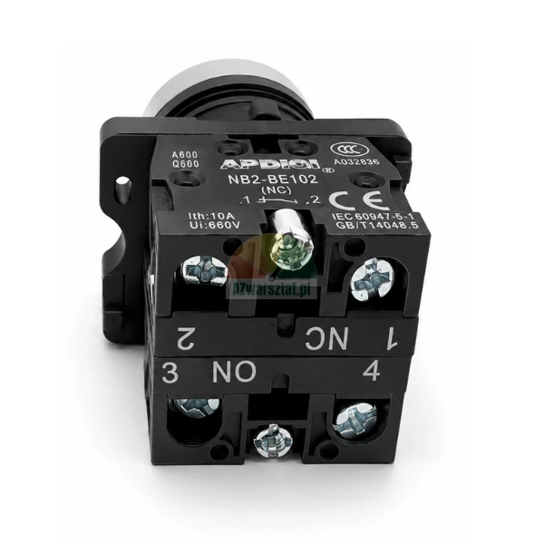 Schwarzer elektrischer Kontaktblock für Drucktaster APDIGI NB2-BE102 mit Schraubklemmen.