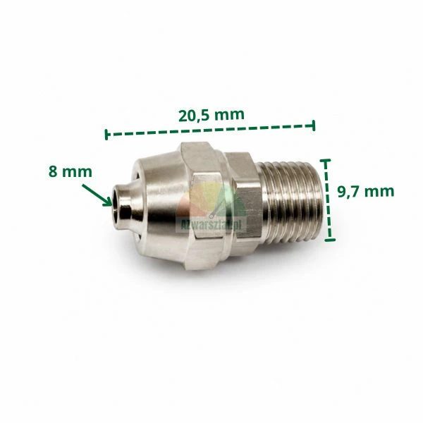 Metall-Schlauchverbinder 8 mm mit 9,7 mm Gewinde und Länge 20,5 mm.