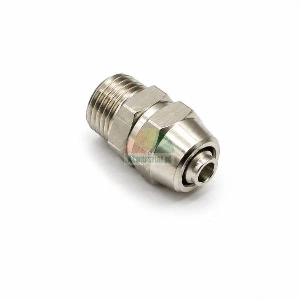 Metallene pneumatische Gewindeverbindung auf weißem Hintergrund.