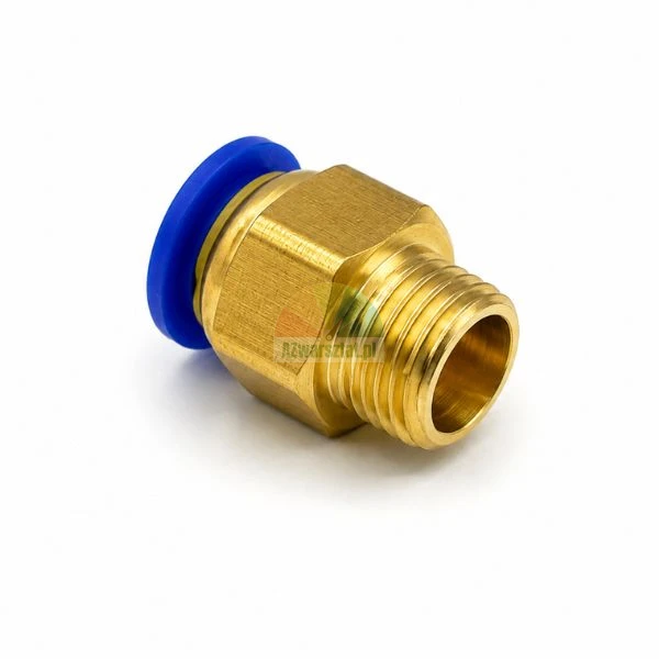 Gerade Pneumatik-Steckverschraubung aus Messing für 10 mm Schlauch mit 12,7 mm Außengewinde und blauem Lösering.