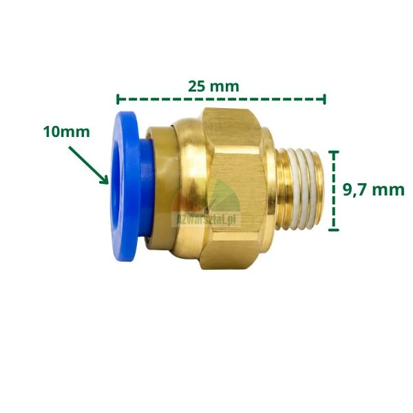 Pneumatik Steckverschraubung aus Messing 10 mm mit 9,7 mm Gewinde und Maßen
