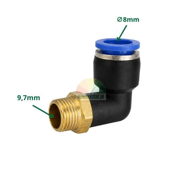 Pneumatische L-Winkelsteckverschraubung mit 9,7 mm Gewinde und 8 mm Steckanschluss