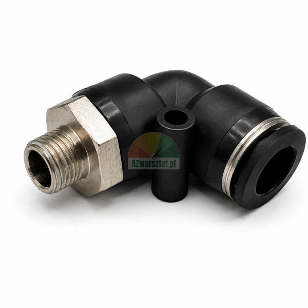 Schwarze pneumatische Winkel-Steckverschraubung mit Außengewinde auf weißem Hintergrund