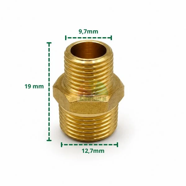 Messing-Gewindenippel Reduzierung 12,7 mm auf 9,7 mm, Höhe 19 mm