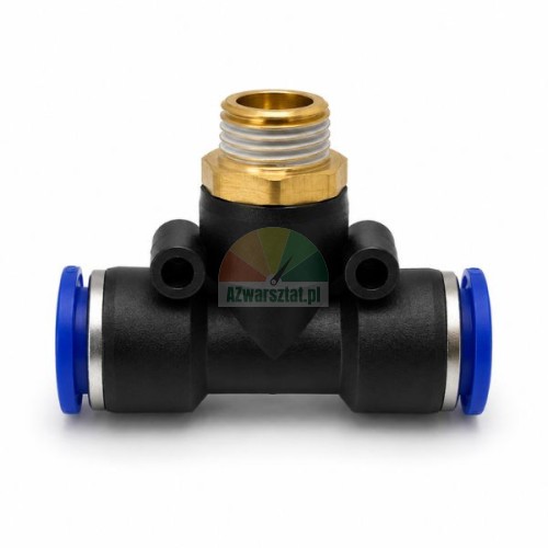 T-Pneumatik-Steckverbinder mit 12,7 mm Außengewinde aus Messing und zwei 10 mm Schlauchanschlüssen.
