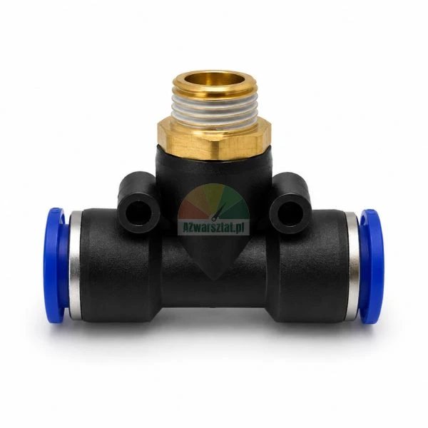 T-Pneumatik-Steckverbinder mit 12,7 mm Außengewinde aus Messing und zwei 10 mm Schlauchanschlüssen.