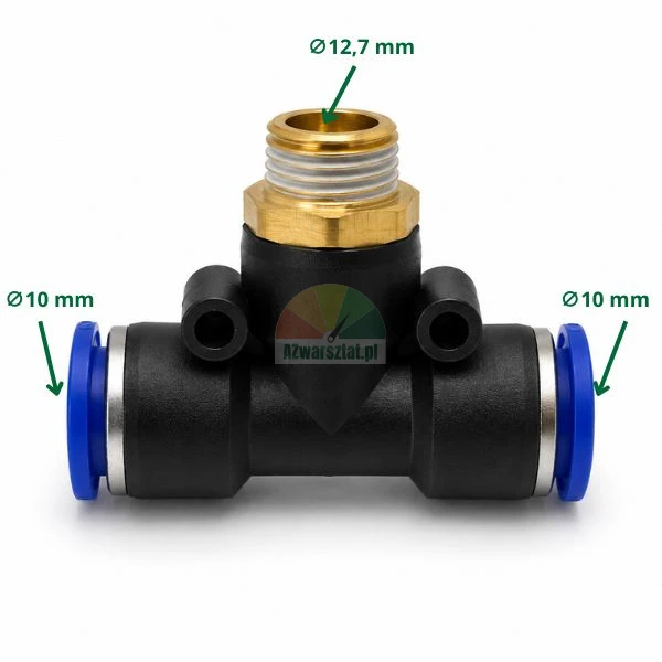 Pneumatische T-Steckverschraubung mit 12,7 mm Gewinde und 10 mm Schlauchanschlüssen