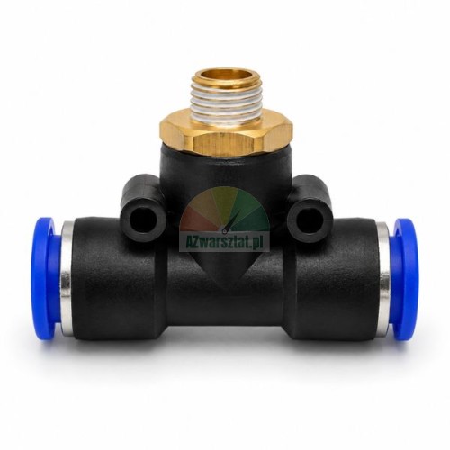 Pneumatik T-Steckverschraubung G9,7mm auf 2x10mm mit Messing-Außengewinde und blauen Löseringen