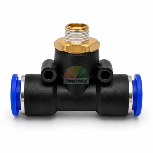 Pneumatik T-Steckverschraubung G9,7mm auf 2x10mm mit Messing-Außengewinde und blauen Löseringen
