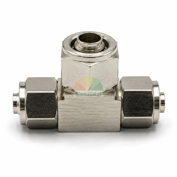 Metall T-Stück Verschraubung 3x8mm für Schläuche auf weißem Hintergrund
