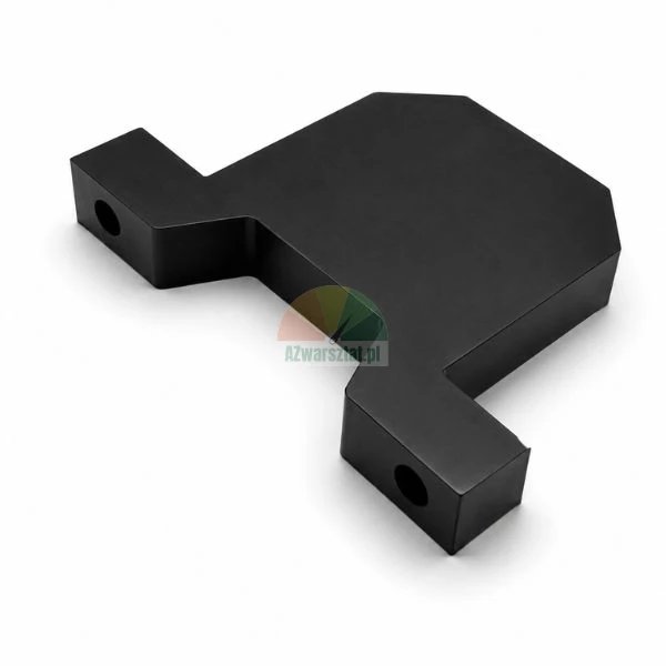 Schwarzer solider Montagehalter oder Adapterblock aus Metall oder Kunststoff auf weißem Hintergrund.